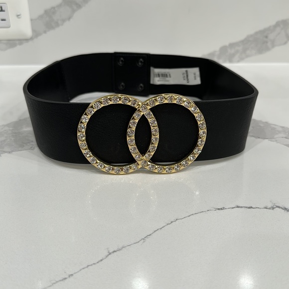Express Rhinestone Double Loop O Black Wide Waist Belt - Picture 1 of 3
